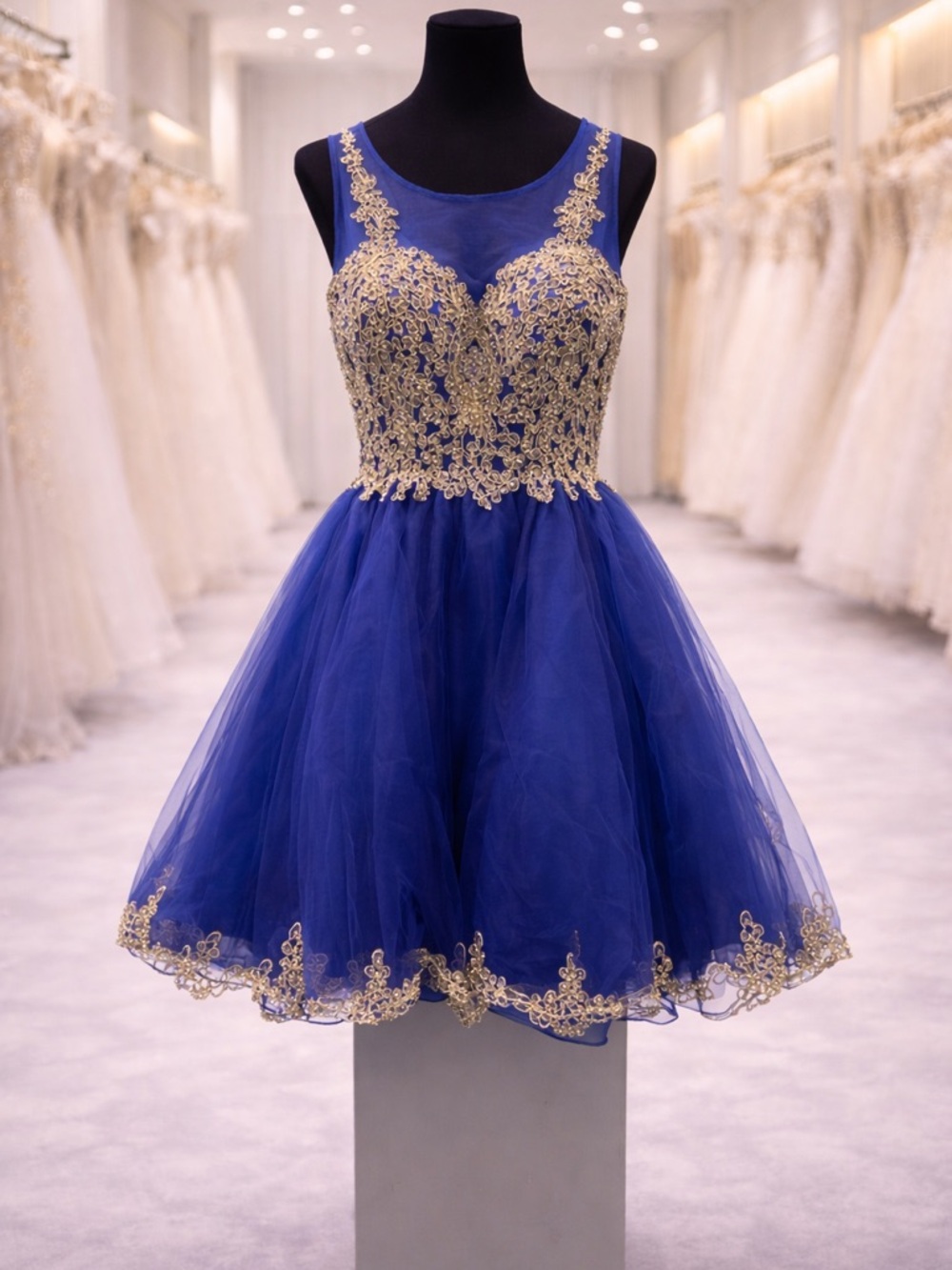 Royal Blue Gold Lace Fit & Flare Party Dress - Size M - Picture 9 of 9